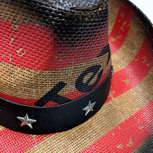 STRAW COWBOY HAT - Striped Flag Pattern with Texas Print (Adult Size)