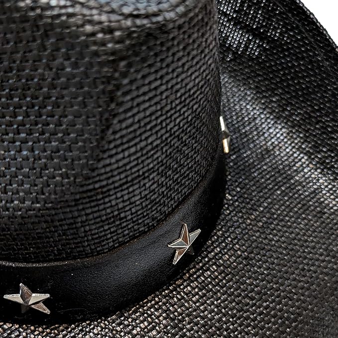 STRAW COWBOY HAT - Black with Metallic Star Accent Band (Adult Size)
