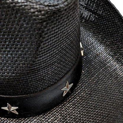 STRAW COWBOY HAT - Black with Metallic Star Accent Band (Adult Size)