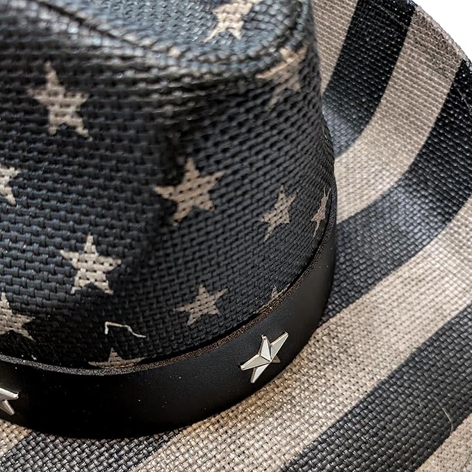 STRAW COWBOY HAT - Gray USA Flag Pattern with Striped Brim (Adult Size)