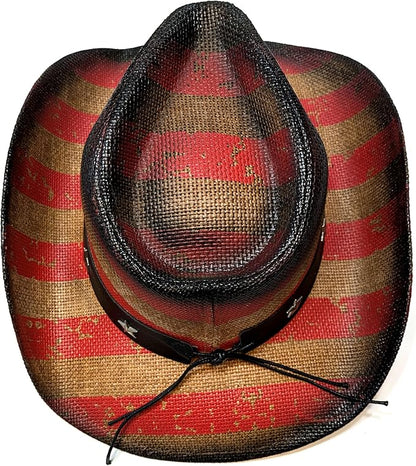 STRAW COWBOY HAT - Striped Flag Pattern with Texas Print (Adult Size)
