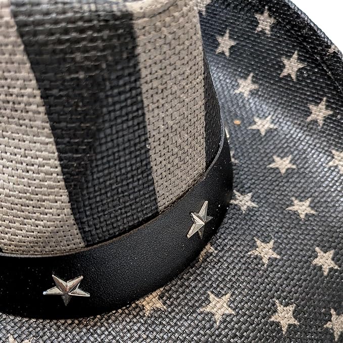 STRAW COWBOY HAT - Gray USA Flag Pattern with Star Brim (Adult Size)