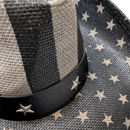 STRAW COWBOY HAT - Gray USA Flag Pattern with Star Brim (Adult Size)