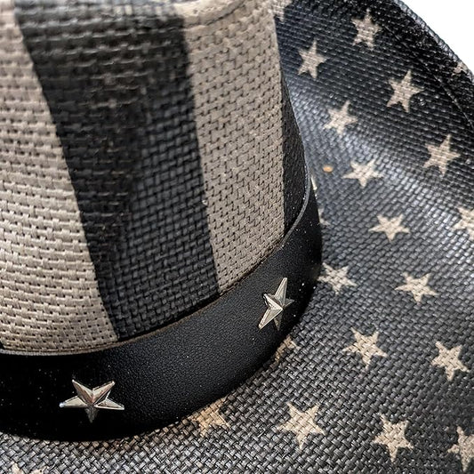 STRAW COWBOY HAT - Gray USA Flag Pattern with Star Brim (Adult Size)