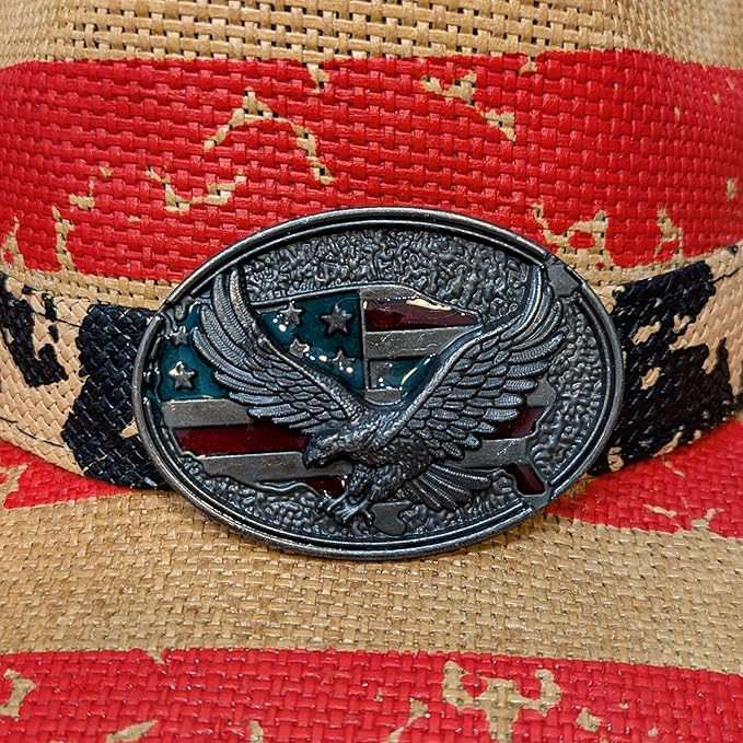 STRAW COWBOY HAT - American Flag Pattern with Eagle Concho Band (Adult Size)