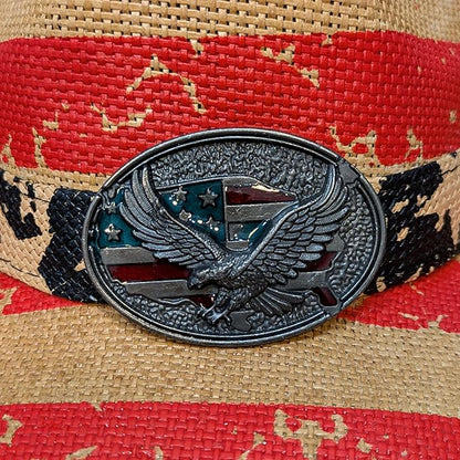 STRAW COWBOY HAT - American Flag Pattern with Eagle Concho Band (Adult Size)