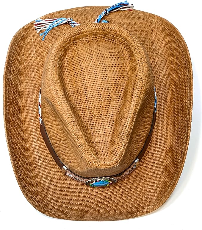 STRAW COWBOY HAT - Light Brown with Turquoise Concho Band (Adult Size)