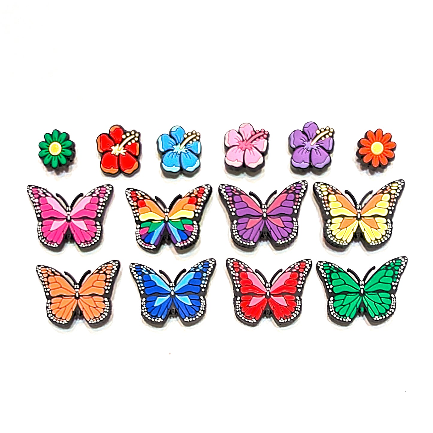 BUTTERFLY SHOE CHARM COLLECTION (Pack of 14) Rainbow Colors with Flowers, Complete Set