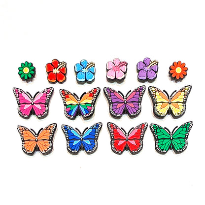 BUTTERFLY SHOE CHARM COLLECTION (Pack of 14) Rainbow Colors with Flowers, Complete Set