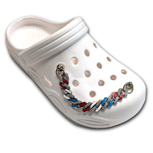 RED, WHITE, & BLUE SHOE CHARM CHAIN - Patriotic Gem Cuban Link CrayCharm (5.25-inches)