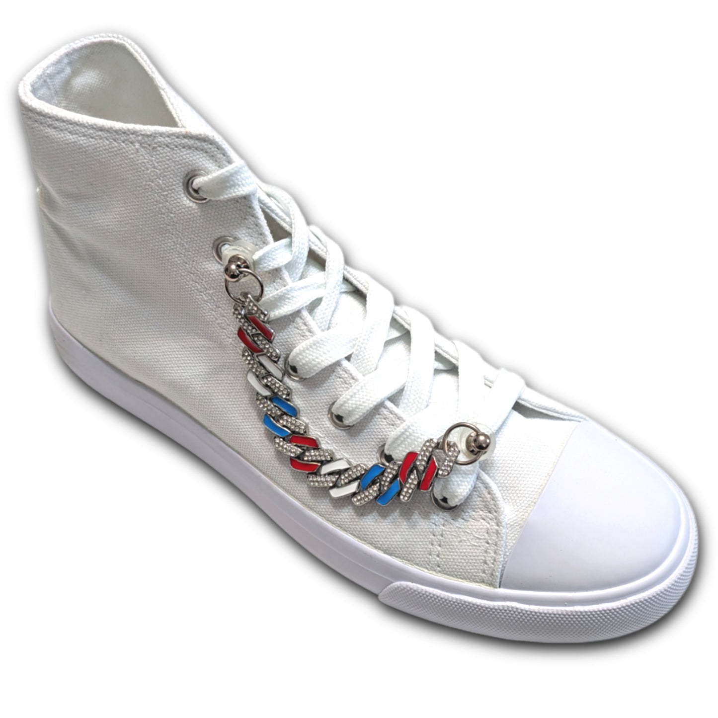 RED, WHITE, & BLUE SHOE CHARM CHAIN - Patriotic Gem Cuban Link CrayCharm (5.25-inches)