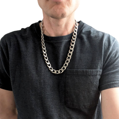 Stainless Steel Chain Necklace 23.5 Inches, 15mm Cuban Link, Silver Hip-Hop 7oz
