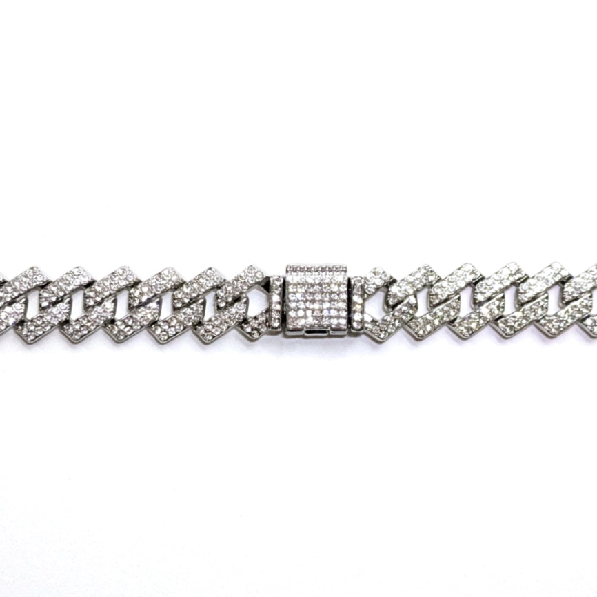 Silver Iced-Out Tilted Cuban Gem Link Chain Necklace (20"-28")