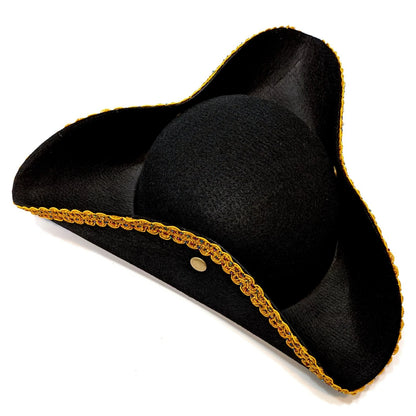 BLACK PIRATE HAT Tricorn with Gold Lace (Adult Size)