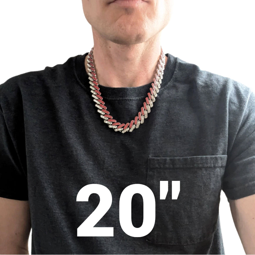 Silver, Red & White Thick Iced-Out Tilted Cuban Gem Link Chain Necklace (20"-28")