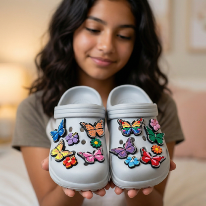 BUTTERFLY SHOE CHARM COLLECTION (Pack of 14) Rainbow Colors with Flowers, Complete Set