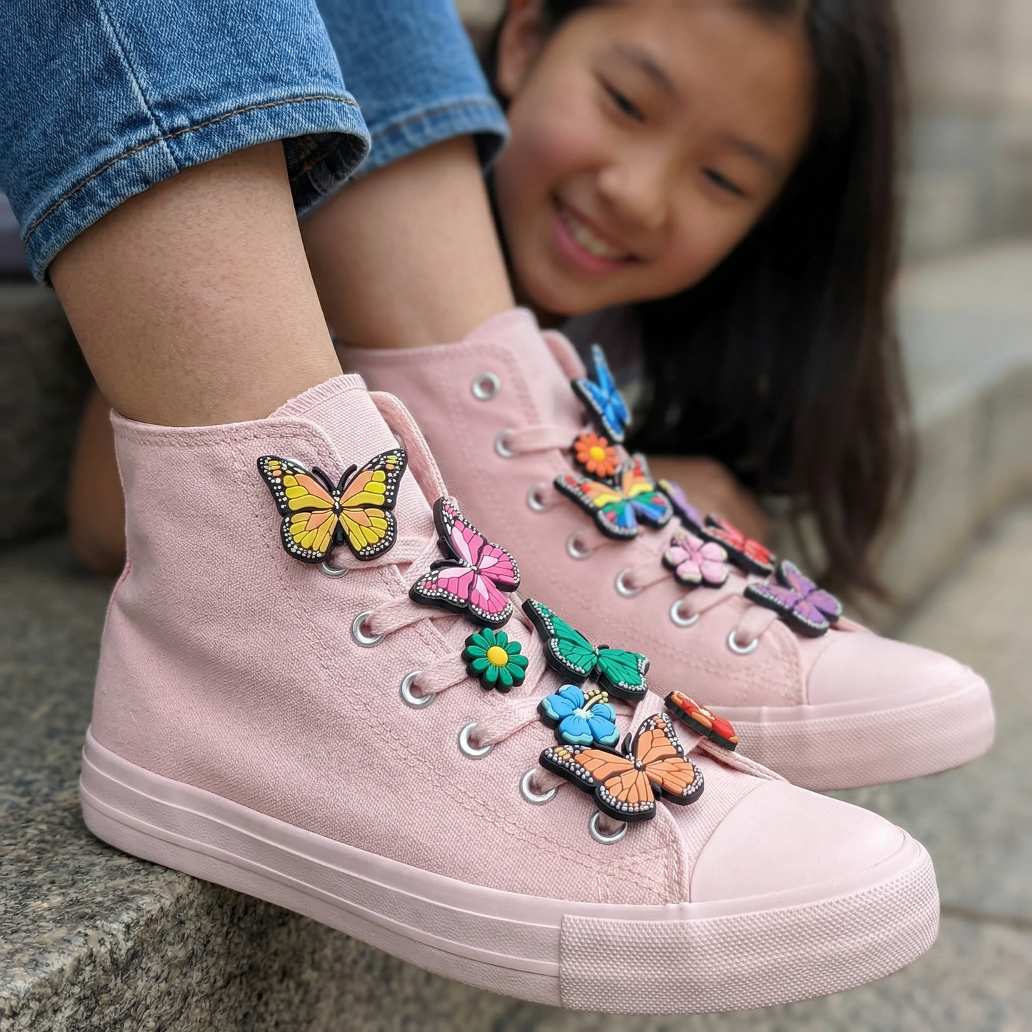 BUTTERFLY SHOE CHARM COLLECTION (Pack of 14) Rainbow Colors with Flowers, Complete Set