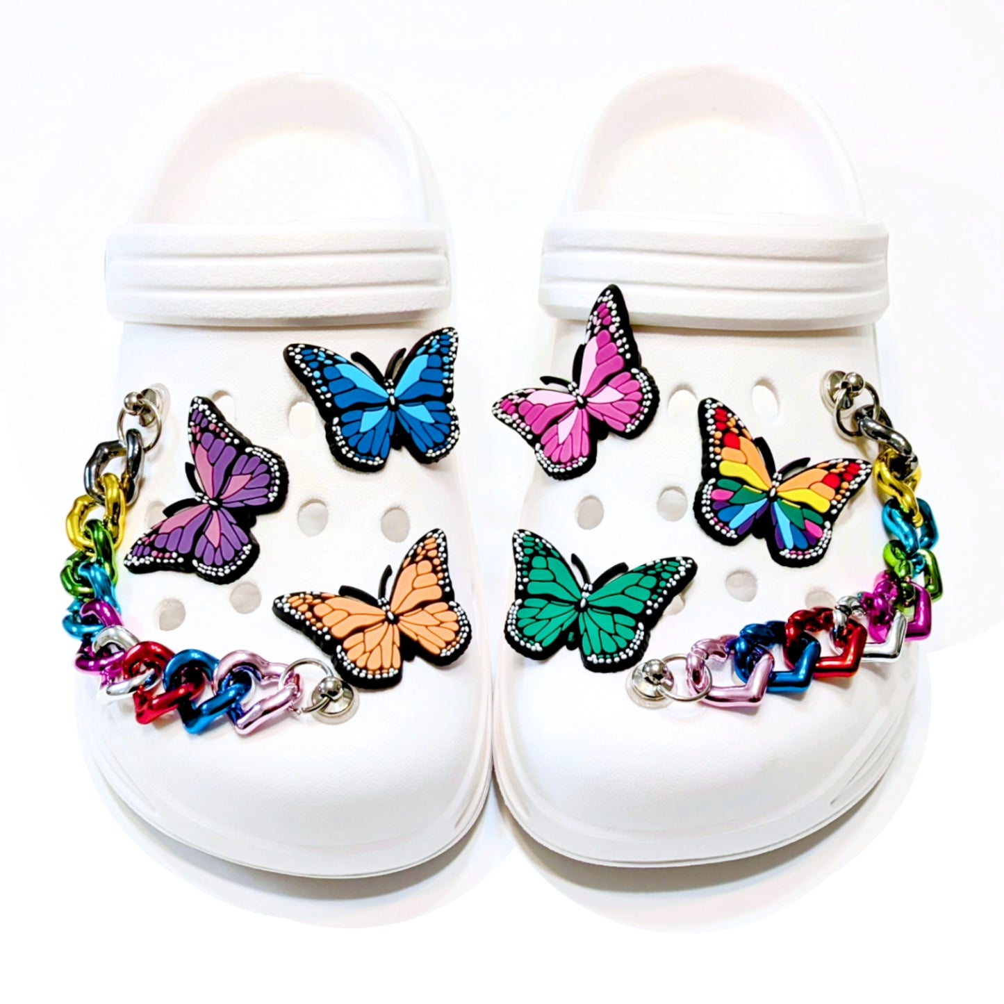 BUTTERFLY SHOE CHARM COLLECTION (Pack of 8) Rainbow Colors, Set of Essentials with Chains