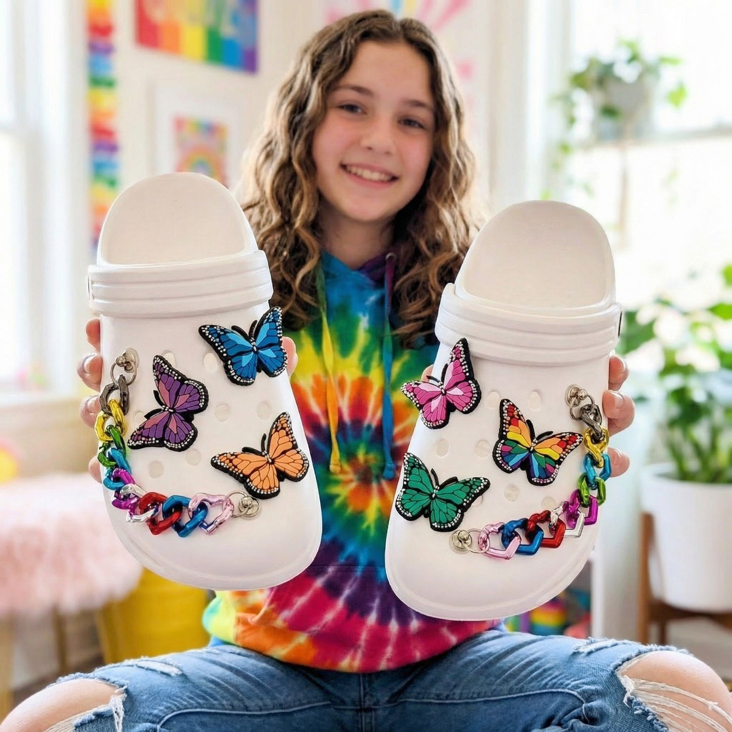 BUTTERFLY SHOE CHARM COLLECTION (Pack of 8) Rainbow Colors, Set of Essentials with Chains