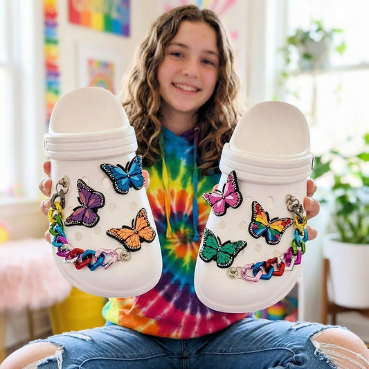BUTTERFLY SHOE CHARM COLLECTION (Pack of 8) Rainbow Colors, Set of Essentials with Chains