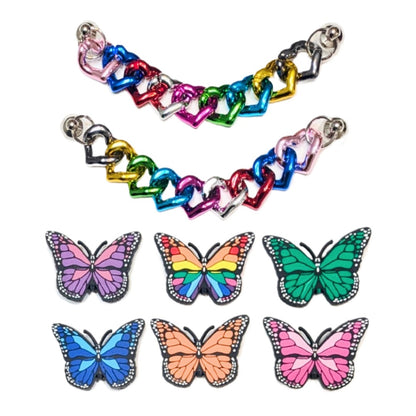 BUTTERFLY SHOE CHARM COLLECTION (Pack of 8) Rainbow Colors, Set of Essentials with Chains