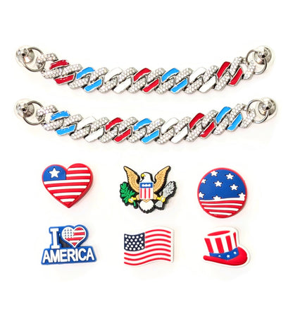 PATRIOTIC SHOE CHARM COLLECTION (Pack of 8) USA American, Set of Essentials with Chains