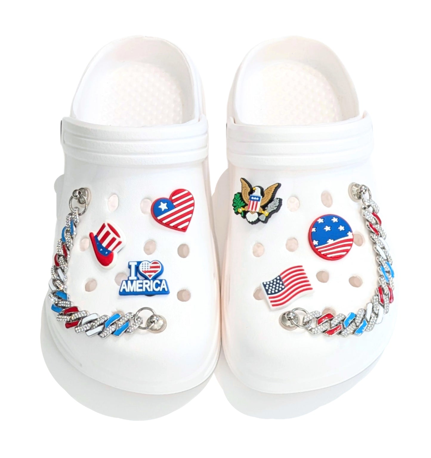 PATRIOTIC SHOE CHARM COLLECTION (Pack of 8) USA American, Set of Essentials with Chains