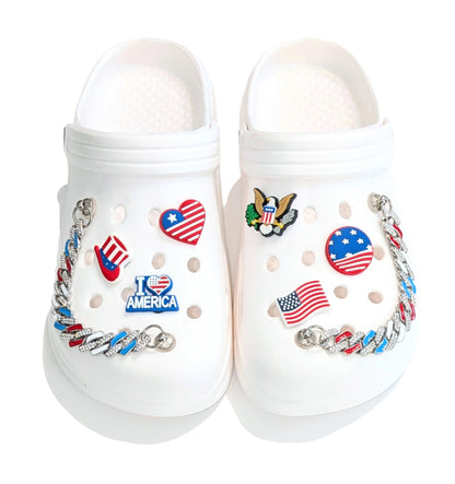 PATRIOTIC SHOE CHARM COLLECTION (Pack of 8) USA American, Set of Essentials with Chains
