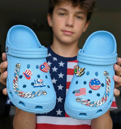 PATRIOTIC SHOE CHARM COLLECTION (Pack of 8) USA American, Set of Essentials with Chains