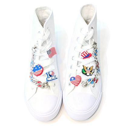 PATRIOTIC SHOE CHARM COLLECTION (Pack of 8) USA American, Set of Essentials with Chains