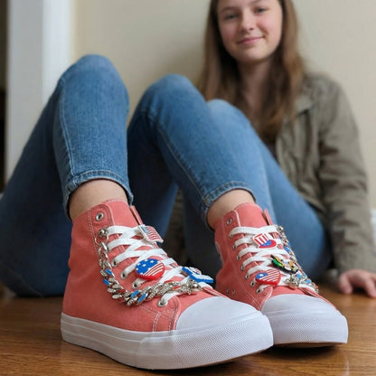 PATRIOTIC SHOE CHARM COLLECTION (Pack of 8) USA American, Set of Essentials with Chains