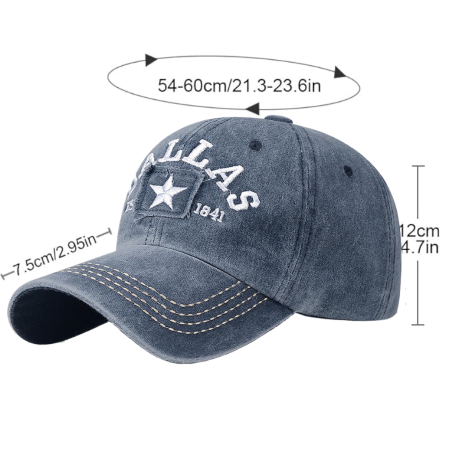 DALLAS DISTRESSED BASEBALL HAT, Navy Blue, Embroidered Cap, Adjustable Size (Adult)