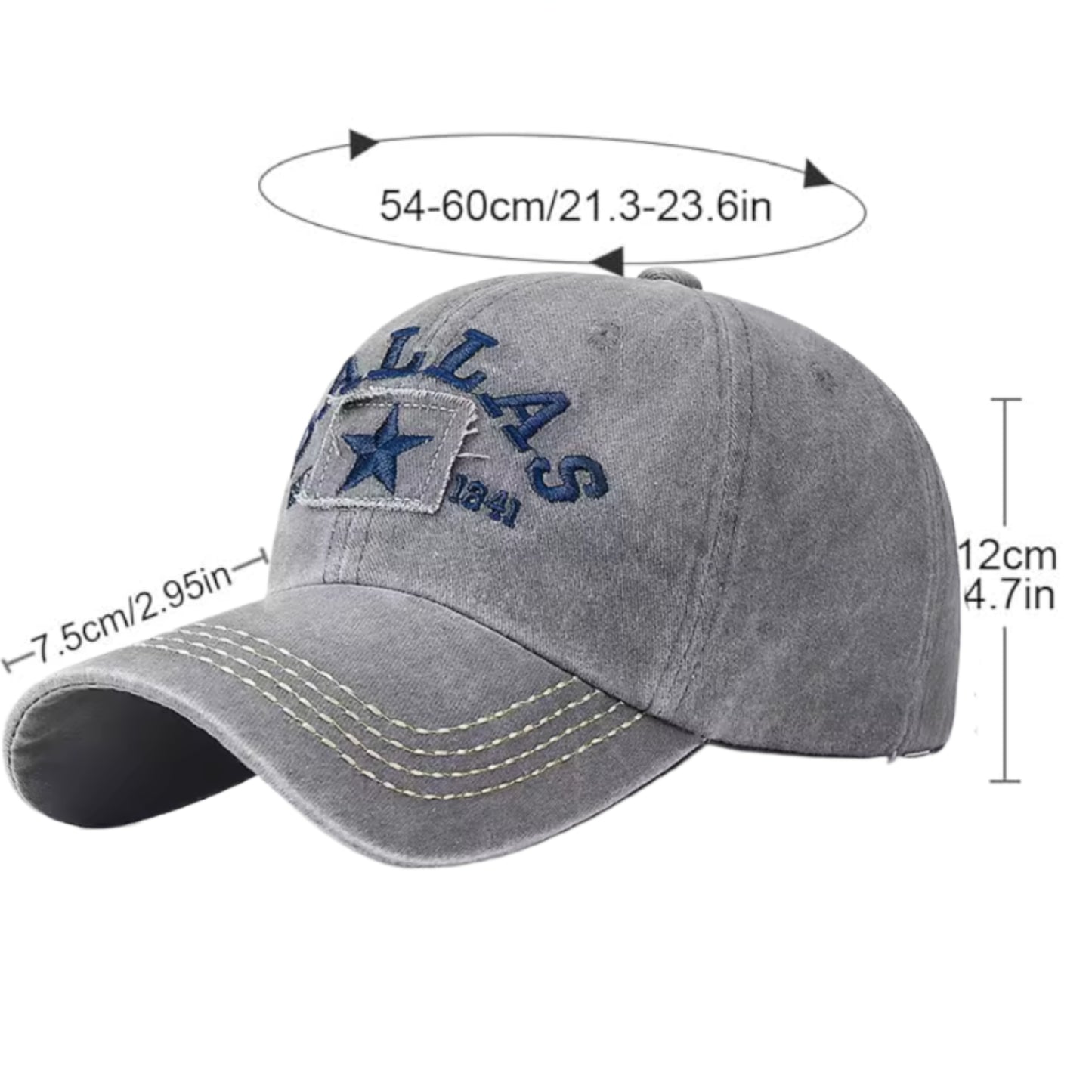 DALLAS DISTRESSED BASEBALL HAT, Gray, Embroidered Cap, Adjustable Size (Adult)
