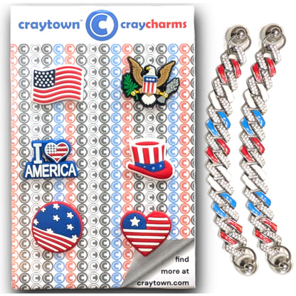 PATRIOTIC SHOE CHARM COLLECTION (Pack of 8) USA American, Set of Essentials with Chains