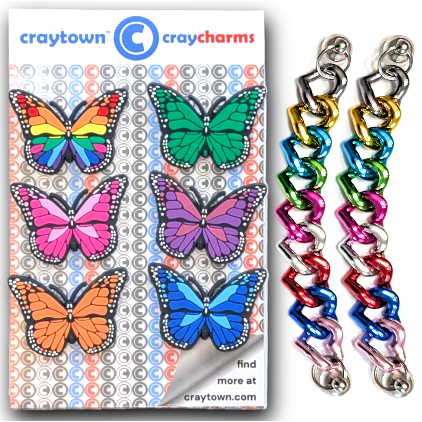 BUTTERFLY SHOE CHARM COLLECTION (Pack of 8) Rainbow Colors, Set of Essentials with Chains