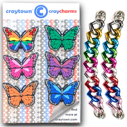 BUTTERFLY SHOE CHARM COLLECTION (Pack of 8) Rainbow Colors, Set of Essentials with Chains