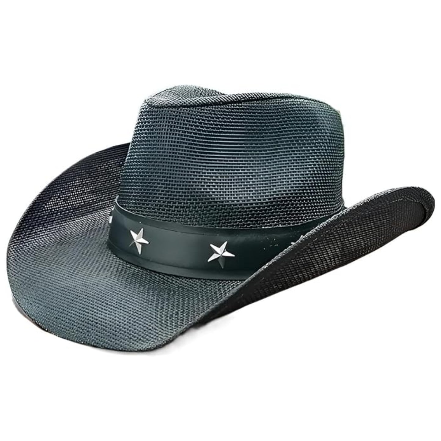 STRAW COWBOY HAT - Black with Metallic Star Accent Band (Adult Size)